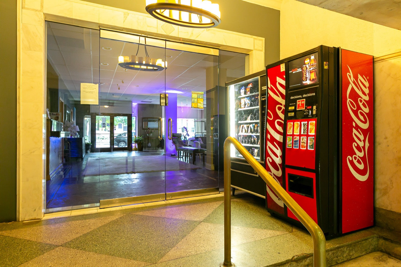 Interior marble entrance vestibule with resident vending at the Exchange Building, Memphis