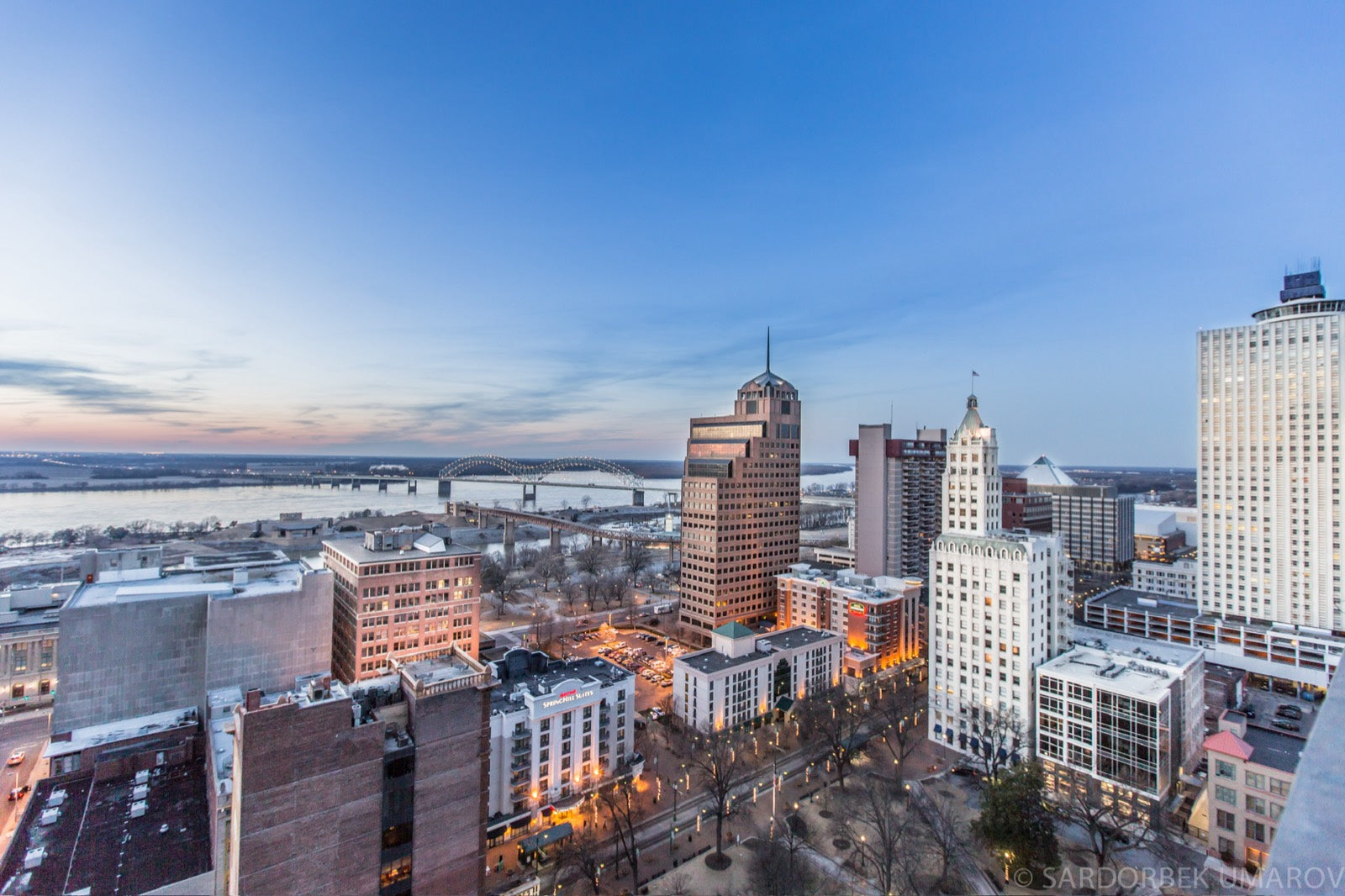 Aerial twilight view of Downtown Memphis and the Mississippi River from the Exchange Building