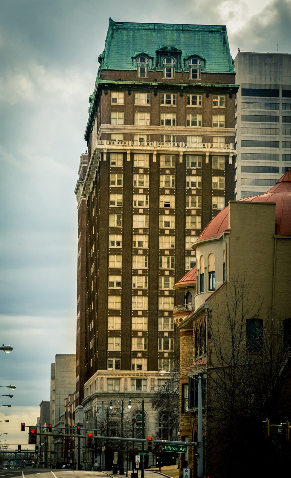 Exchange Building brick tower with green copper mansard roof from Jefferson Avenue, Memphis