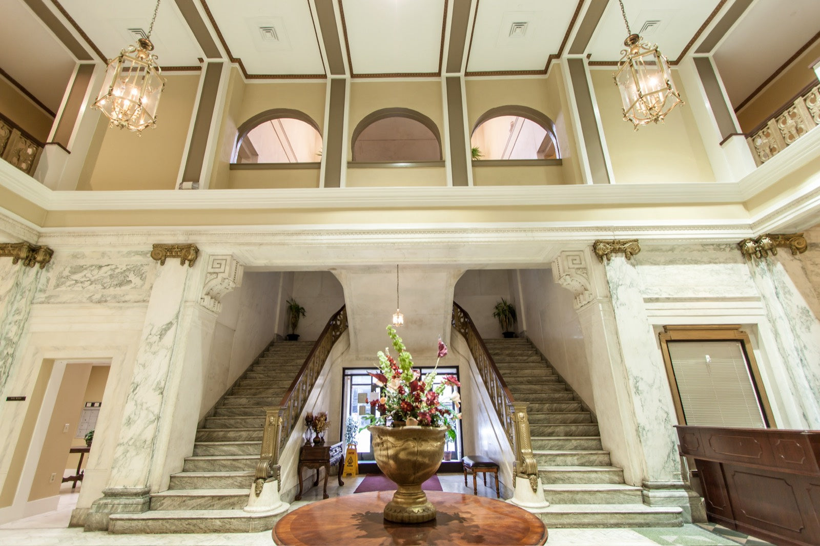Grand marble lobby with twin staircases at the Exchange Building