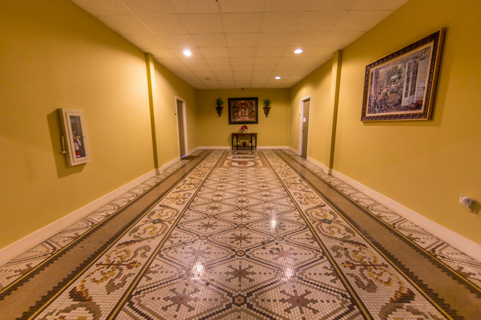 Restored 1910 mosaic-tile corridor inside the Exchange Building, Memphis